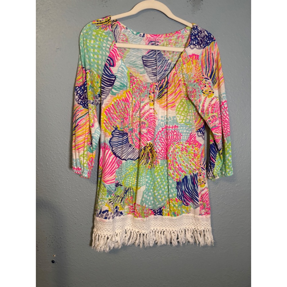 Lilly Pulitzer Alia Storm of the Seas Shell Elastic Scoop Neck Fringed Top Small - Picture 2 of 6